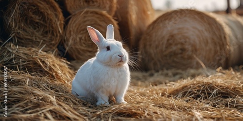 A white rabbit with black ears is standing in front of a pile of hay. photo