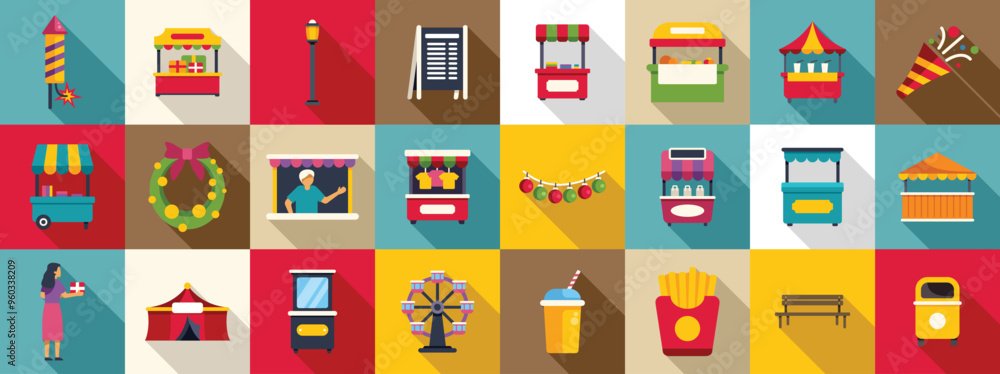 Night fair icons set. Variety of colorful icons showing street food, funfair, and festive products being sold at a local market or holiday event Night fair icons set. Variety of colorful icons showing street food, funfair, and festive products being sold at a local market or holiday event