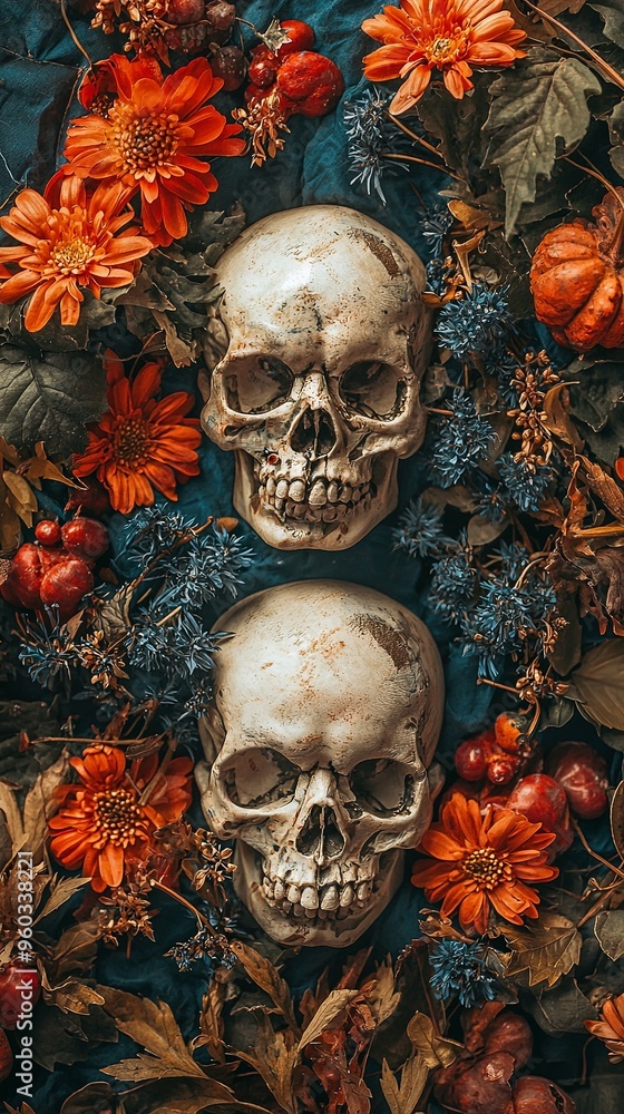 This image features skulls set amongst vibrant flowers, creating a striking juxtaposition between life and death. The colorful and ornate setup demonstrates a blend of beauty and decay. This image features skulls set amongst vibrant flowers, creating a striking juxtaposition between life and death. The colorful and ornate setup demonstrates a blend of beauty and decay.