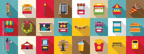 Night fair icons set. Variety of colorful icons showing street food, funfair, and festive products being sold at a local market or holiday event
