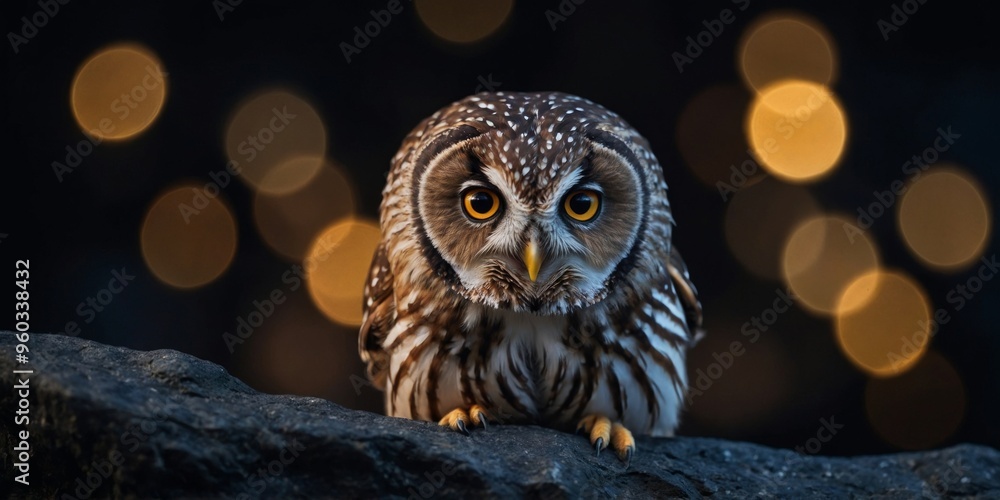 A small owl is perched on a rock in the dark of night. A small owl is perched on a rock in the dark of night.