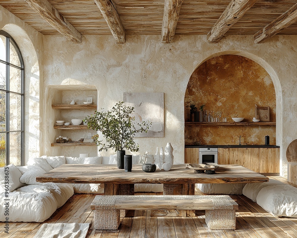 Serene Minimalist Dining Room with Wooden Table and Thoughtful Decor Accents Serene Minimalist Dining Room with Wooden Table and Thoughtful Decor Accents