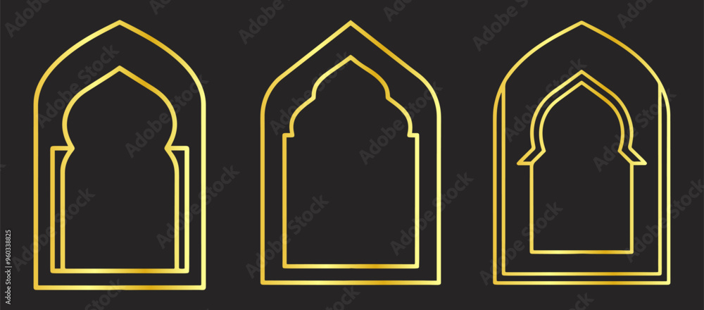 Golden traditional Islamic window shapes. Arabic frames, mosque arches with gold geometric motif pattern Golden traditional Islamic window shapes. Arabic frames, mosque arches with gold geometric motif pattern