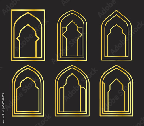 Golden traditional Islamic window shapes. Arabic frames, mosque arches with gold geometric motif pattern