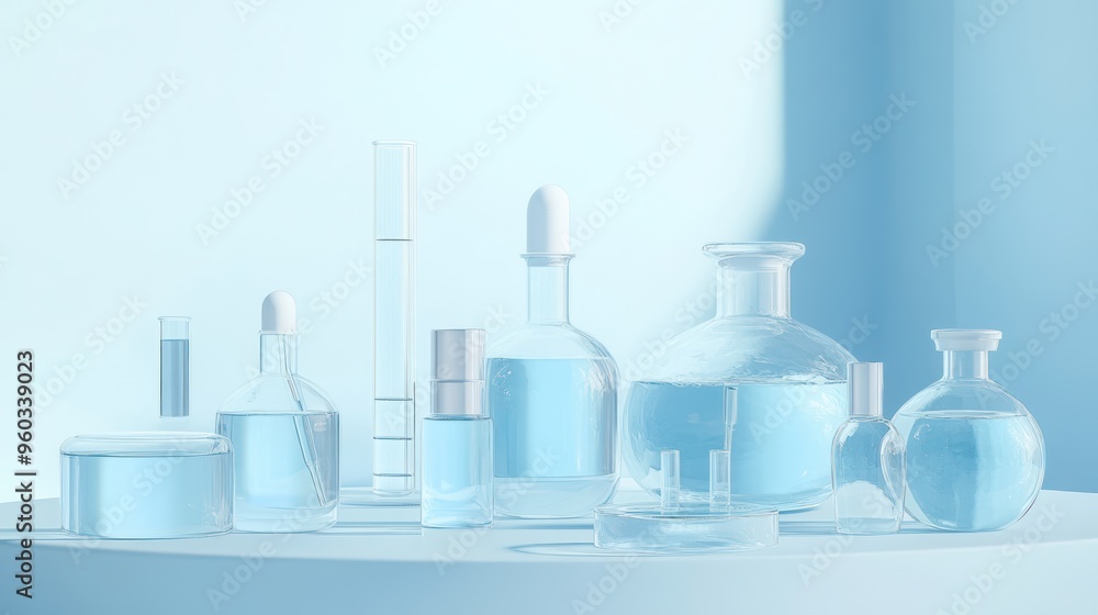 A serene display of various glass laboratory equipment filled with clear liquid, set against a soft blue background. A serene display of various glass laboratory equipment filled with clear liquid, set against a soft blue background.