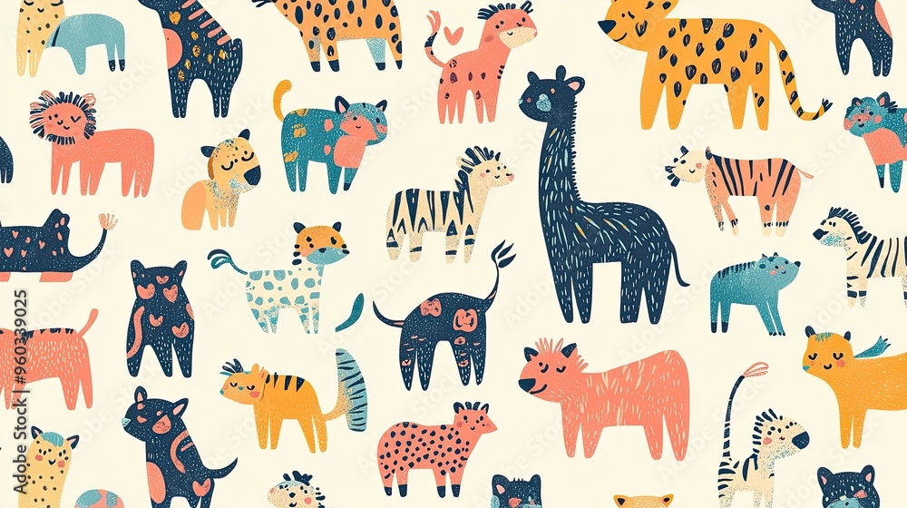 High-resolution digital rendering of a whimsical, hand-drawn animal pattern in playful colors. The fun, imaginative design is perfect for children's textiles or nursery wallpapers. High-resolution digital rendering of a whimsical, hand-drawn animal pattern in playful colors. The fun, imaginative design is perfect for children's textiles or nursery wallpapers.
