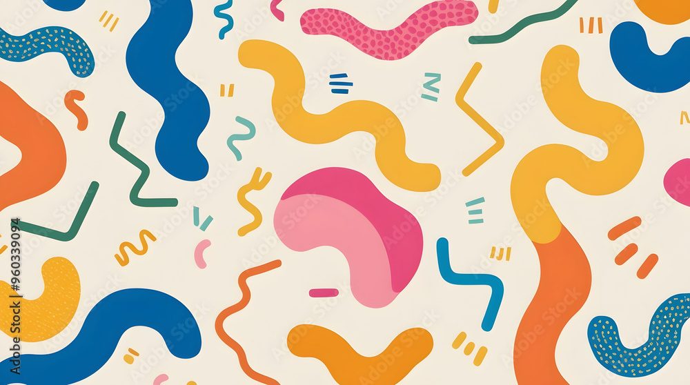 Abstract Colorful Pattern with Bold, Irregular Shapes in Yellow, Pink, Orange, Blue, and Green on a Light Background Abstract Colorful Pattern with Bold, Irregular Shapes in Yellow, Pink, Orange, Blue, and Green on a Light Background