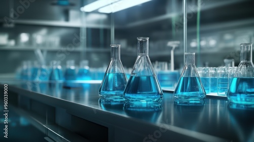 Laboratory glassware with blue liquids, creating a vibrant and scientific atmosphere.