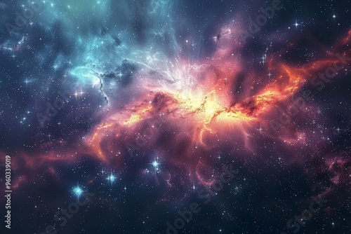 A stunning cosmic explosion featuring bright orange and blue hues, with swirling gas and star formations against the deep space backdrop.