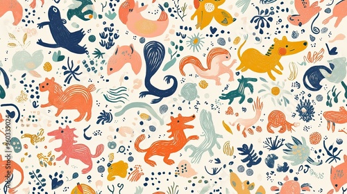 High-resolution digital rendering of a whimsical, hand-drawn animal pattern in playful colors. The fun, imaginative design is perfect for children's textiles or nursery wallpapers.