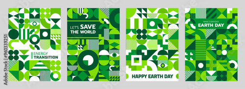 Environment and earth day ecology posters with green modern geometric pattern. Vector background or cover template for April 22 celebration. Save the world and energy transitions vertical banner, card