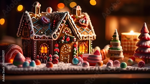 gingerbread house decorations, focusing on the intricate icing details, colorful candy, and soft, warm light creating a cozy festive ambiance, AI generated