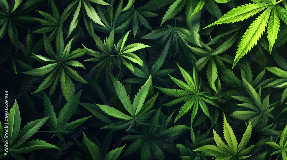 A lush arrangement of cannabis leaves in varying shades of green, creating a vibrant and organic texture. A lush arrangement of cannabis leaves in varying shades of green, creating a vibrant and organic texture.