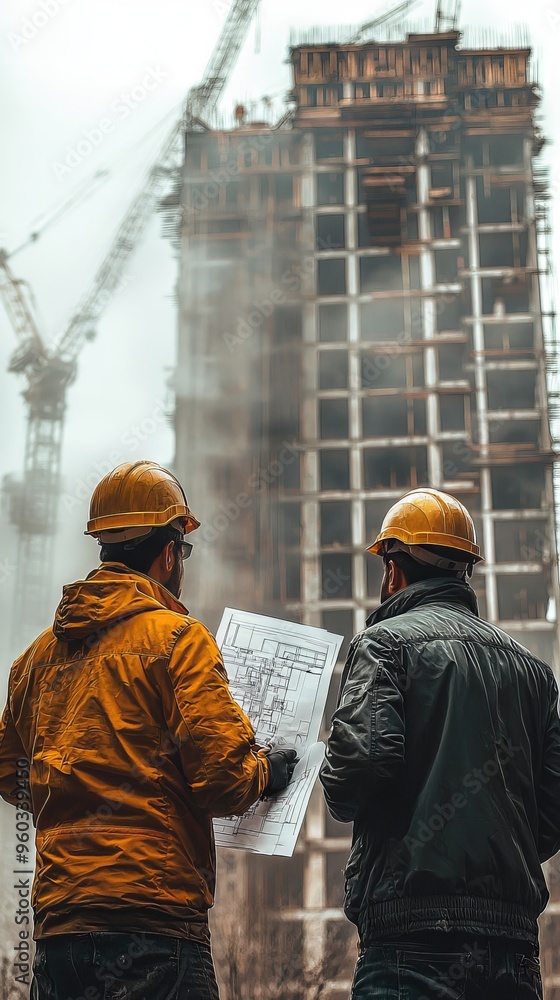 Construction Workers Reviewing Blueprint at Building Site Construction Workers Reviewing Blueprint at Building Site
