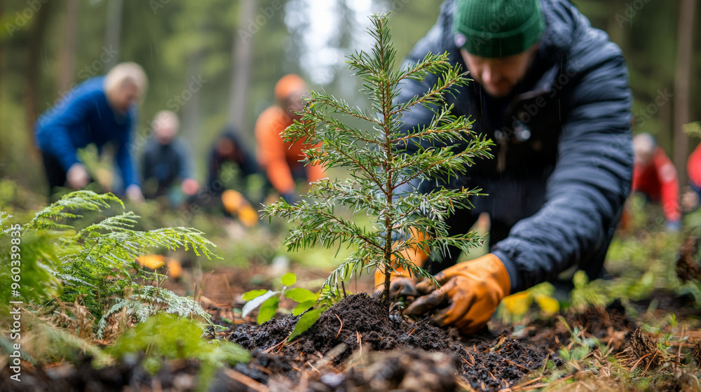 Planting trees in forest restoration project, volunteers work together to nurture environment. Their efforts contribute to greener future. Planting trees in forest restoration project, volunteers work together to nurture environment. Their efforts contribute to greener future.