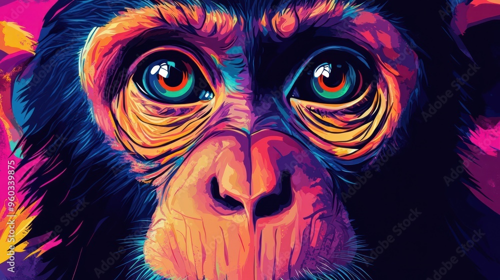 A vibrant, artistic portrayal of a chimpanzee with expressive eyes, showcasing vivid colors and textures that capture its playful character. A vibrant, artistic portrayal of a chimpanzee with expressive eyes, showcasing vivid colors and textures that capture its playful character.