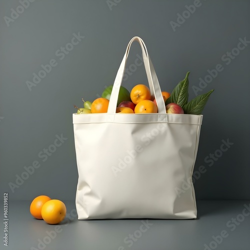 modern tote bag white fruits and vegetables can be seen above for grocary blank and plain darkcolor background photo