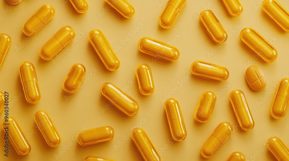 A vibrant arrangement of yellow capsules on a pastel yellow background, creating a cheerful and bright atmosphere. A vibrant arrangement of yellow capsules on a pastel yellow background, creating a cheerful and bright atmosphere.