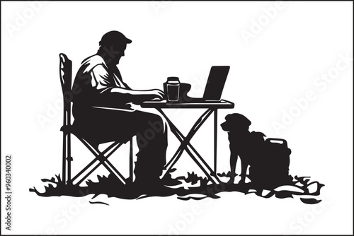 camping Silhouette of a Man Working on Laptop in Nature photo