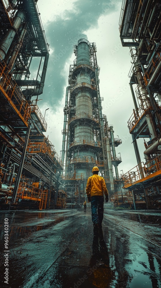 Industrial Worker Walking Through Refinery In Rain Industrial Worker Walking Through Refinery In Rain