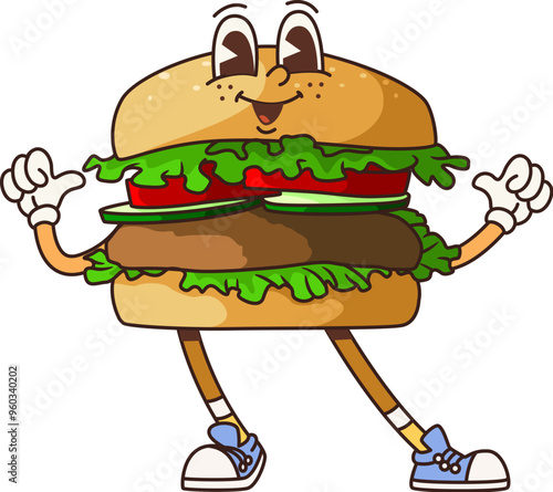 Groovy fast food burger character. Cartoon hamburger personage pointing with thumbs on itself. Isolated vector vibrant, tasty fast food burger with wide smile exudes funky 60s or 70s retro vibes