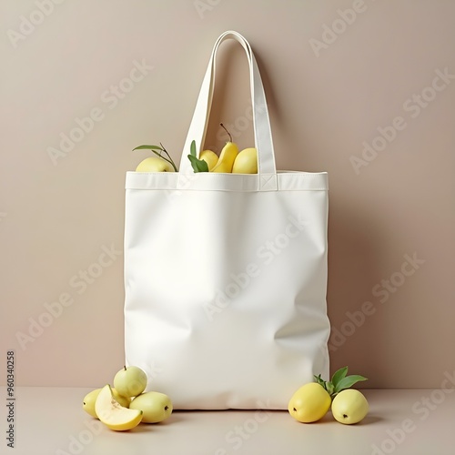 modern tote bag white fruits and vegetables can be seen above for grocary blank and plain darkcolor background photo