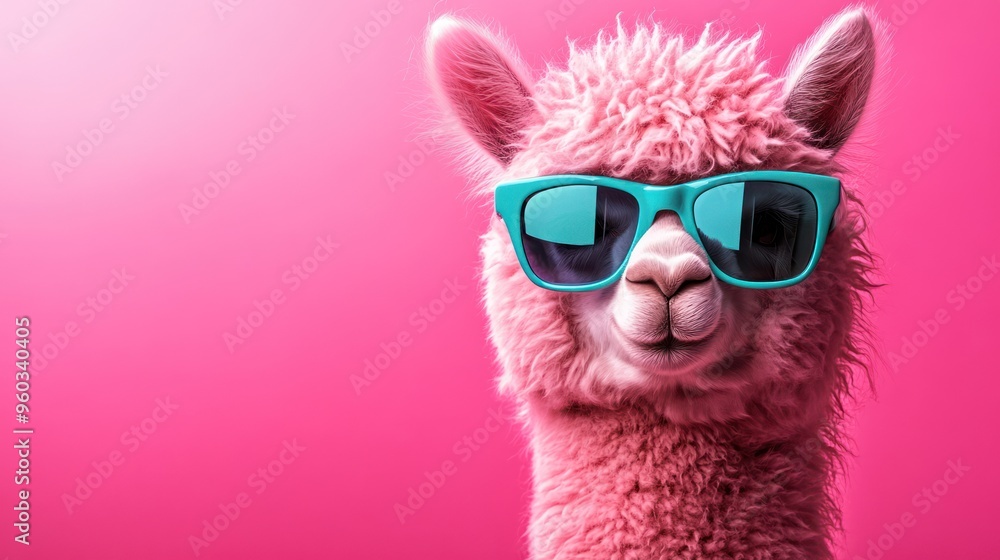 A playful pink alpaca wearing stylish turquoise sunglasses against a vibrant pink background. A playful pink alpaca wearing stylish turquoise sunglasses against a vibrant pink background.
