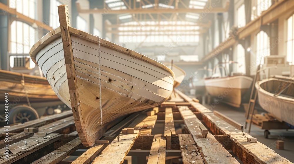 unfinished wooden boat frame in shipyard workshop boat building process ...
