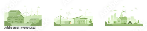 Green urban landscape with solar-powered houses, electric car charging, and city skyline. Eco-friendly houses with solar panels on roofs. Features eco-friendly house, wind turbines, and energy storage
