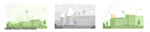 Eco-friendly factory with solar panels, wind turbine, and urban skyline. Grayscale landscape with cooling towers, smokestacks, and factory. Eco-friendly factory with solar panels and chimney