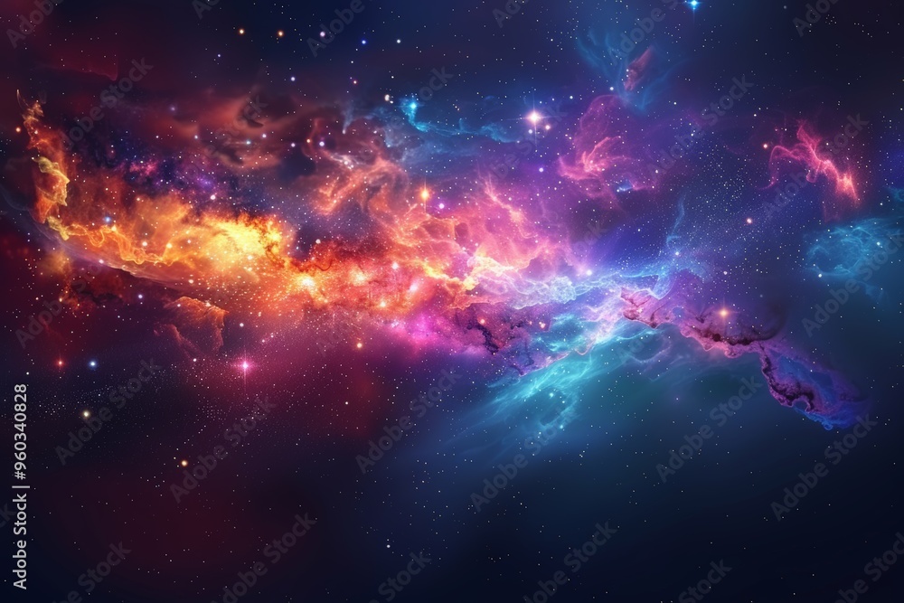 Fototapeta premium A vibrant and colorful nebula filled with pink and purple hues, glowing stars, and swirling clouds of cosmic dust.