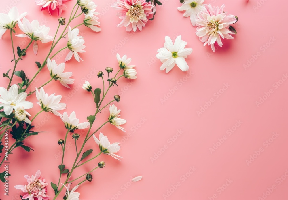 Fototapeta premium Delicate floral arrangement on a pastel pink background featuring white and pink flowers