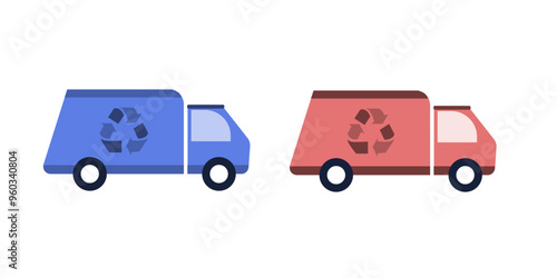 trash can, recycle bin and garbage truck vector icon set. garbage removal icons with recycle signs isolated on white background
