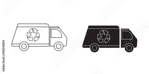 trash can, recycle bin and garbage truck vector icon set. garbage removal icons with recycle signs isolated on white background