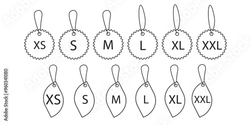 Set with clothing size icons for fabric design. Sizes : XS, S, M, L, XL, XXL. Big set of clothing size.