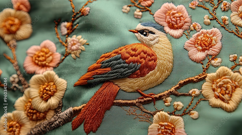 50. A close-up of a Korean traditional embroidery, with colorful threads creating detailed patterns of birds and flowers, displayed on a silk backdrop 50. A close-up of a Korean traditional embroidery, with colorful threads creating detailed patterns of birds and flowers, displayed on a silk backdrop