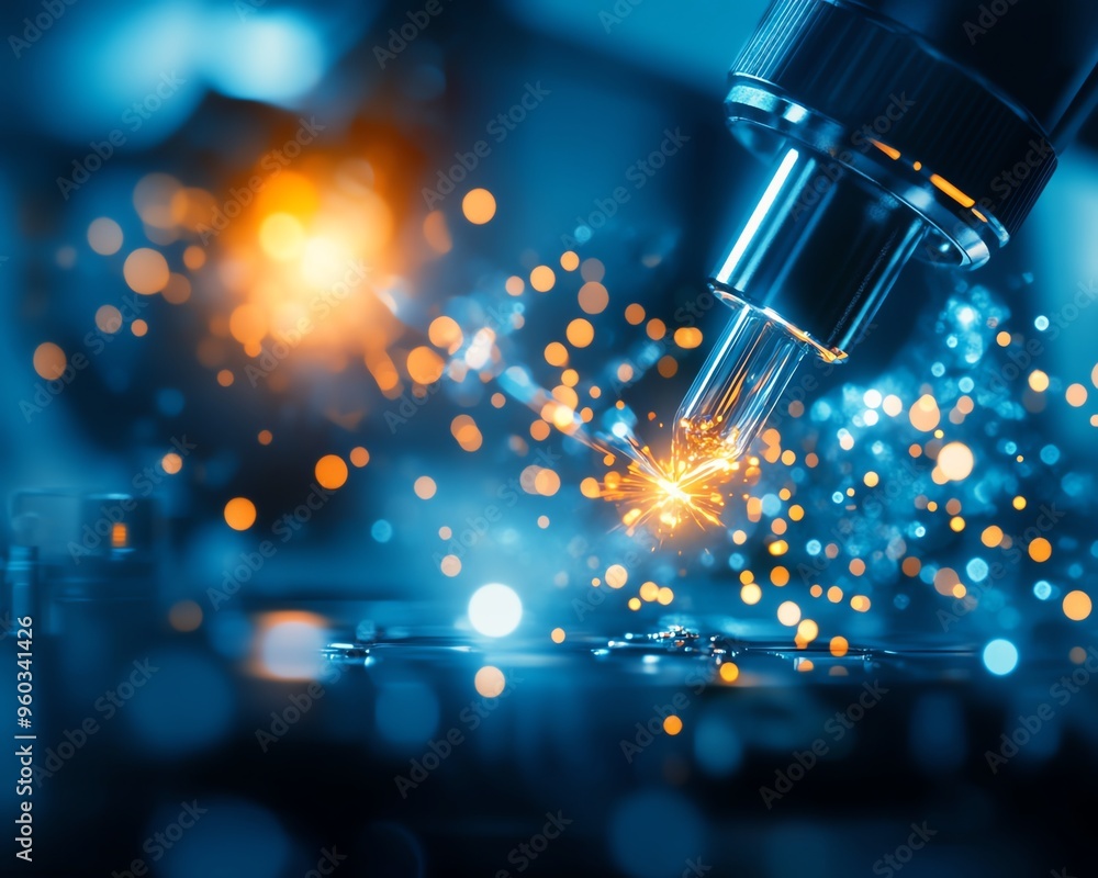 Close-up of a high-tech laser cutting through metal, creating mesmerizing sparks and light in a dark workshop environment. Close-up of a high-tech laser cutting through metal, creating mesmerizing sparks and light in a dark workshop environment.