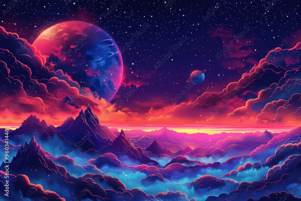 A dreamlike illustration of a distant planet with vivid colors, misty mountains, and a glowing sky filled with stars and planets. A dreamlike illustration of a distant planet with vivid colors, misty mountains, and a glowing sky filled with stars and planets.