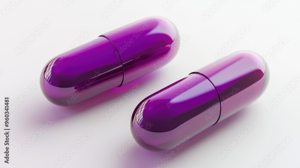 Two glossy purple capsules resting on a smooth surface, reflecting light beautifully. Two glossy purple capsules resting on a smooth surface, reflecting light beautifully.