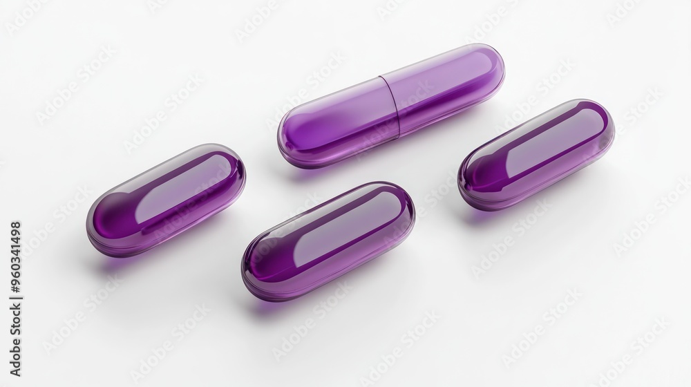 Four sleek purple capsules arranged artistically on a white background, showcasing elegance and modern design. Four sleek purple capsules arranged artistically on a white background, showcasing elegance and modern design.
