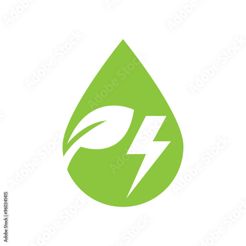 Green Eco Fuel - vector icon. Drop with a leaf and electric bolt.