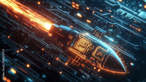 A high-tech scene featuring a digital rocket launching from a sophisticated AI chip, the rocket's body adorned with glowing circuit patterns and trailing bright, dynamic light effects, the chip itself