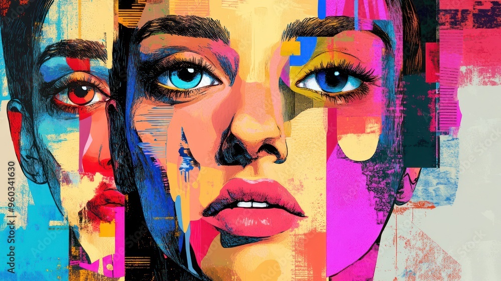 Stunning artistic representation of a young woman with striking blue and brown eyes, surrounded by vibrant colors and abstract shapes.