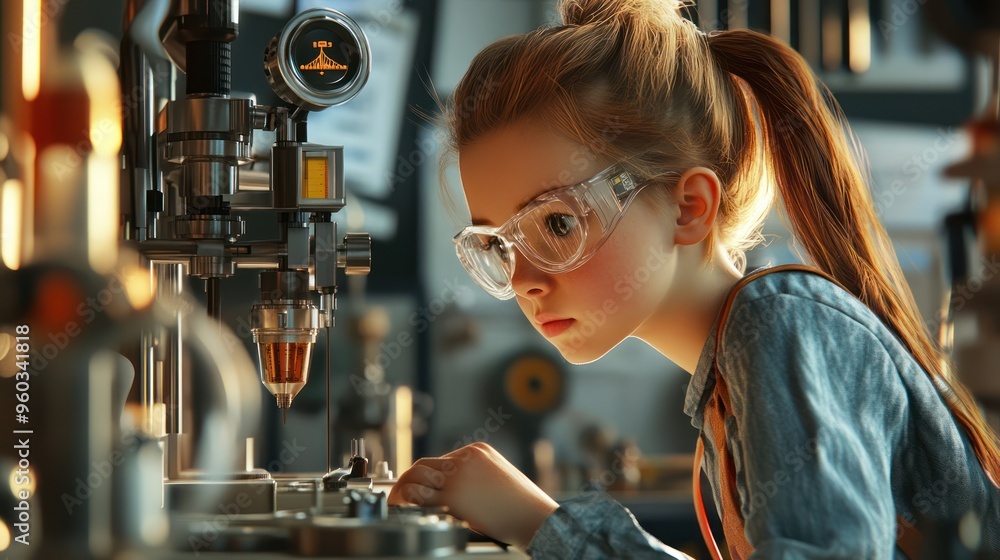 A focused Caucasian girl wearing safety goggles works on a project in a workshop filled with tools and machinery. A focused Caucasian girl wearing safety goggles works on a project in a workshop filled with tools and machinery.