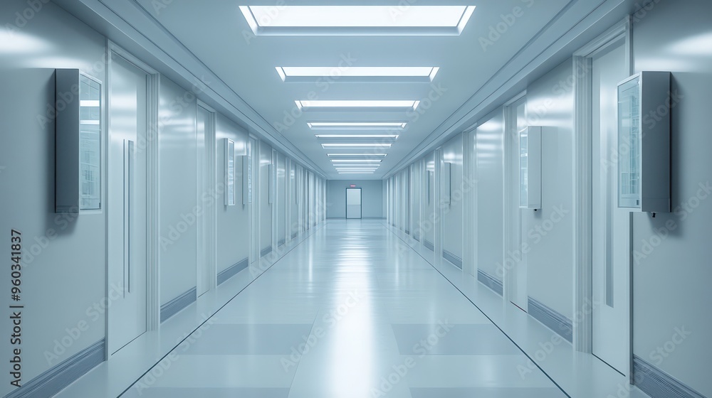 Obraz premium A modern, sterile corridor with bright lighting and minimalist design.