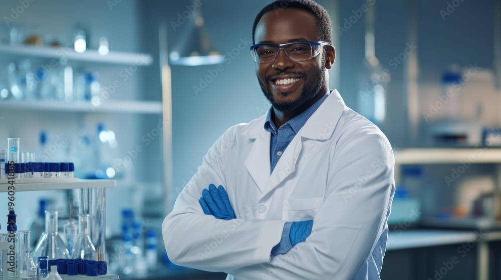 Confident African-American male scientist in a lab coat smiling in a laboratory. Confident African-American male scientist in a lab coat smiling in a laboratory.