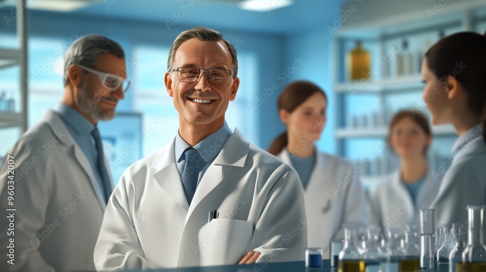 Smiling male scientist in a lab coat, surrounded by fellow researchers, showcasing teamwork and innovation in a modern laboratory setting. Smiling male scientist in a lab coat, surrounded by fellow researchers, showcasing teamwork and innovation in a modern laboratory setting.