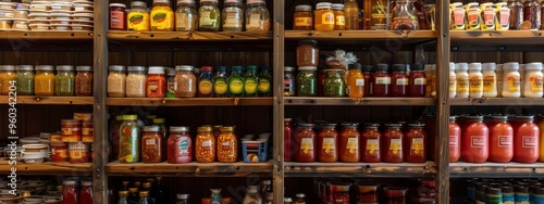 Wooden shelves filled with various jars of spices and canned goods