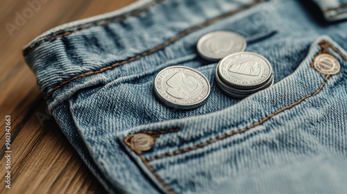 Close-up of silver coins placed in the pocket of blue denim jeans, symbolizing savings and finance. photo