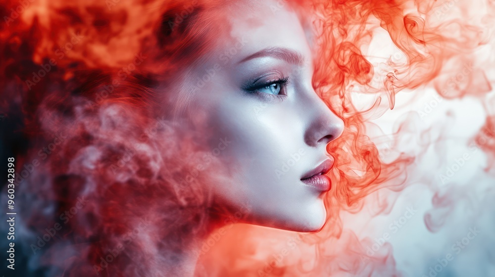 Fototapeta premium A striking profile of a young Caucasian woman surrounded by swirling red and orange smoke, creating a dramatic and ethereal atmosphere.